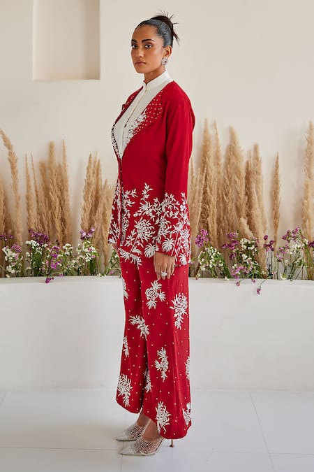 Buy_Twenty Nine_Red Crepe Embroidery, Mirrors Parsi Gaara Palazzo _Online_at_Aza_Fashions