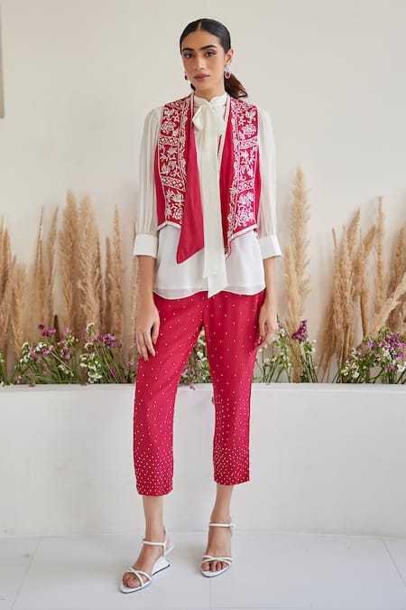 Twenty Nine Red Crepe Embroidery Beads Pant 