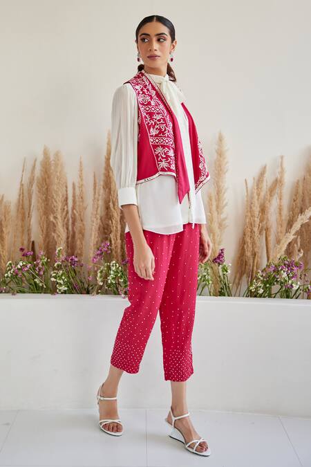 Twenty Nine_Red Crepe Beads Embroidered Pant _Online_at_Aza_Fashions