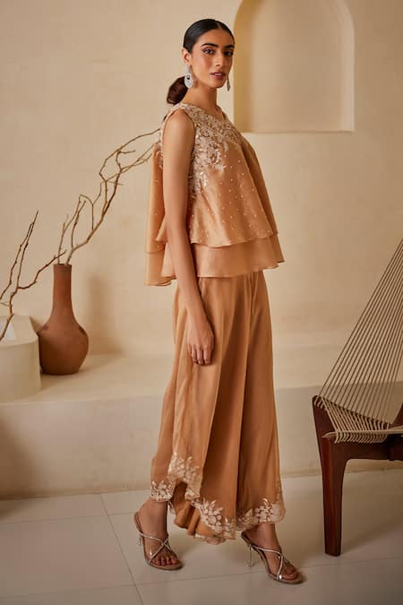 Twenty Nine_Beige Organza Embroidery Parsi Gara Palazzo _Online_at_Aza_Fashions