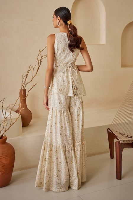 Shop_Twenty Nine_White Georgette Embroidery, Sequins Floral Chikankari Sharara Pant _at_Aza_Fashions