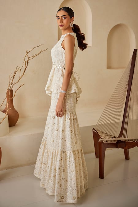 Twenty Nine_White Georgette Embroidery, Sequins Floral Chikankari Sharara Pant _Online_at_Aza_Fashions