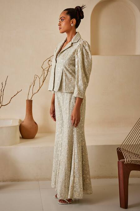 Twenty Nine_Grey Georgette Embroidery Chikankari Bootcut Pant _Online_at_Aza_Fashions