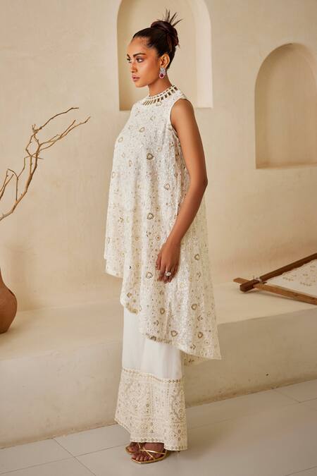 Twenty Nine_White Georgette Embroidery, Sequins Floral Chikankari Palazzo _Online_at_Aza_Fashions