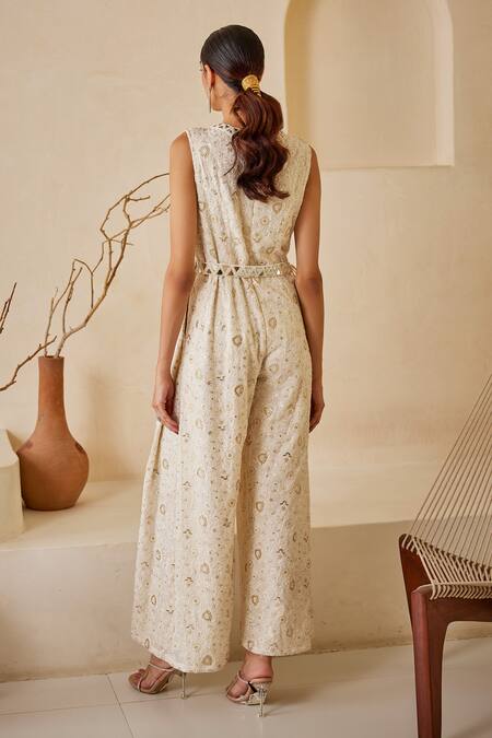 Shop Twenty Nine White Georgette Beads, Mirrors, Chikankari Embroidered Jumpsuit With Belt at Aza Fashions Shop_Twenty Nine_White Georgette Beads, Mirrors, Chikankari Embroidered Jumpsuit With Belt _at_Aza_Fashions