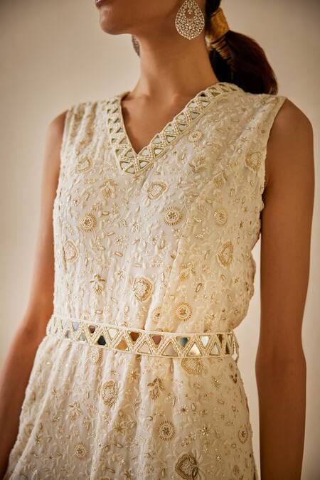 Buy Twenty Nine White Georgette Beads, Mirrors, Chikankari Embroidered Jumpsuit With Belt Online at Aza Fashions Buy_Twenty Nine_White Georgette Beads, Mirrors, Chikankari Embroidered Jumpsuit With Belt _Online_at_Aza_Fashions