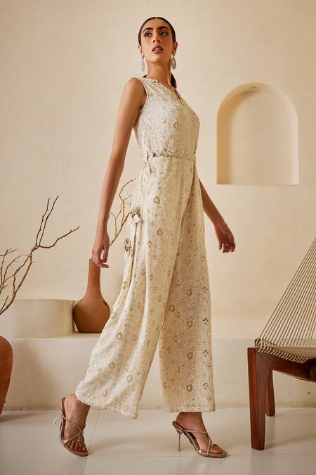 Twenty Nine White Georgette Beads, Mirrors, Chikankari Embroidered Jumpsuit With Belt at Aza Fashions Twenty Nine_White Georgette Beads, Mirrors, Chikankari Embroidered Jumpsuit With Belt _at_Aza_Fashions