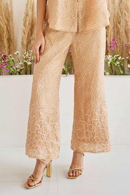 Twenty Nine_Beige Rayon Embroidery Hand Tie Dye Bandhani Pattern Palazzo _Online_at_Aza_Fashions