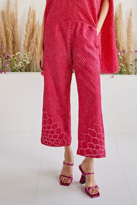 Twenty Nine Red Rayon Artisanal Bandhani Pattern Slit Palazzo Online at Aza Fashions Twenty Nine_Red Rayon Artisanal Bandhani Pattern Slit Palazzo _Online_at_Aza_Fashions