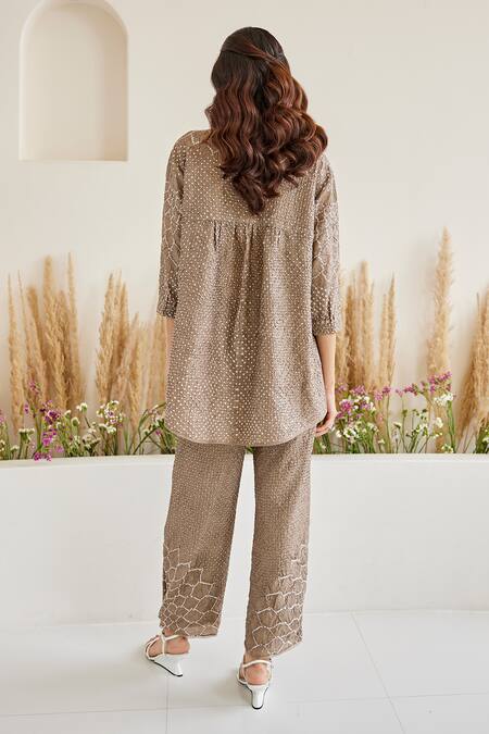 Shop Twenty Nine Brown Rayon Embroidery Artisanal Bandhani Pattern Palazzo at Aza Fashions Shop_Twenty Nine_Brown Rayon Embroidery Artisanal Bandhani Pattern Palazzo _at_Aza_Fashions