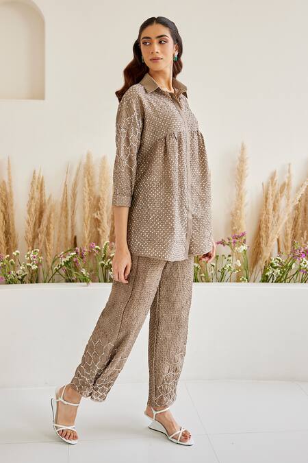 Twenty Nine Brown Rayon Embroidery Artisanal Bandhani Pattern Palazzo Online at Aza Fashions Twenty Nine_Brown Rayon Embroidery Artisanal Bandhani Pattern Palazzo _Online_at_Aza_Fashions