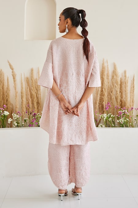Shop Twenty Nine Pink Rayon Artisanal Bandhani Pattern Asymmetric Palazzo at Aza Fashions Shop_Twenty Nine_Pink Rayon Artisanal Bandhani Pattern Asymmetric Palazzo _at_Aza_Fashions