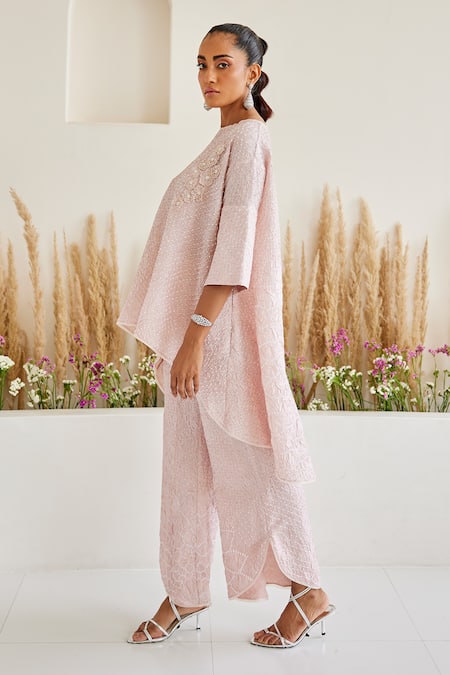 Buy Twenty Nine Pink Rayon Artisanal Bandhani Pattern Asymmetric Palazzo Online at Aza Fashions Buy_Twenty Nine_Pink Rayon Artisanal Bandhani Pattern Asymmetric Palazzo _Online_at_Aza_Fashions