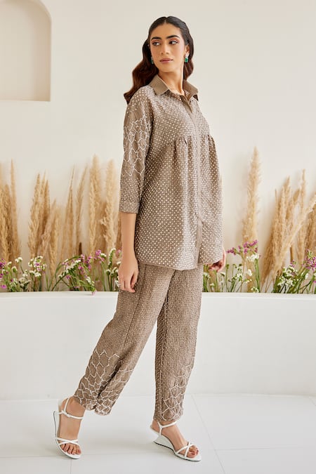 Twenty Nine Brown Ramie Embroidery Collared Bandhani Kediya Shirt Online at Aza Fashions Twenty Nine_Brown Ramie Embroidery Collared Bandhani Kediya Shirt _Online_at_Aza_Fashions