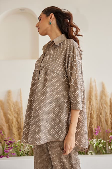 Shop Twenty Nine Brown Ramie Embroidery Collared Bandhani Kediya Shirt Online at Aza Fashions Shop_Twenty Nine_Brown Ramie Embroidery Collared Bandhani Kediya Shirt _Online_at_Aza_Fashions