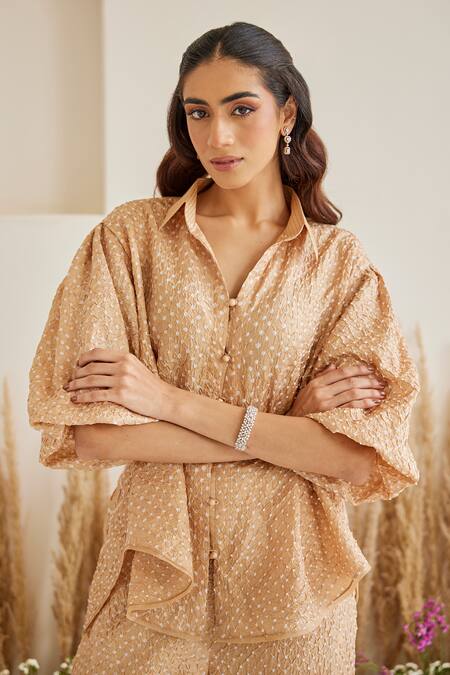 Buy_Twenty Nine_Beige Rayon Collared Bandhani Tulip Shirt _Online_at_Aza_Fashions