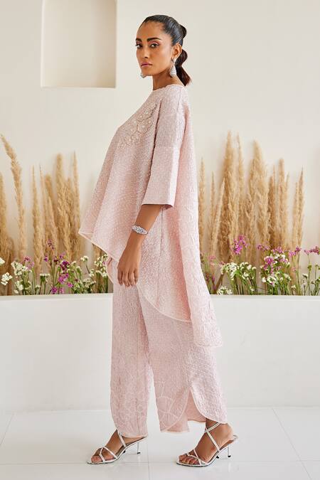 Twenty Nine_Pink Rayon Embroidery Boat Neck Bandhani Long Asymmetric Top _Online_at_Aza_Fashions