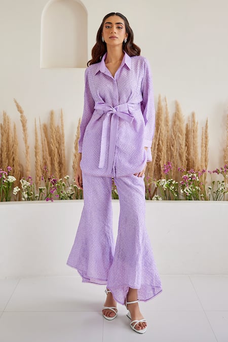 Twenty Nine_Purple Rayon Embroidery Collared Bandhani Knotted Shirt _Online_at_Aza_Fashions