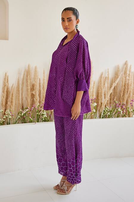 Twenty Nine_Purple Rayon Turtle Neck Bandhani Tie Up Top _Online_at_Aza_Fashions