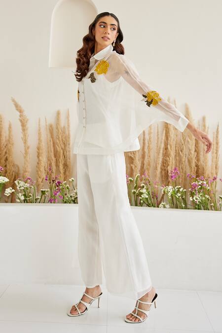 Twenty Nine_White Organza Embroidery Collared Floral Applique Sheer Shirt _Online_at_Aza_Fashions