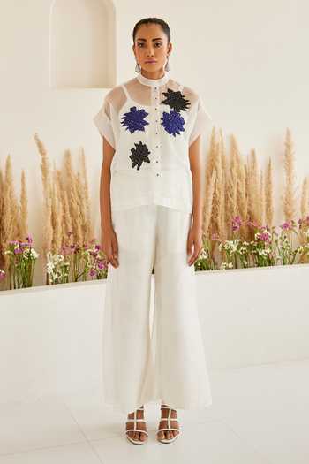 Twenty Nine_White Organza Embroidery Mandarin Collar Bloom Applique Shirt _Online_at_Aza_Fashions