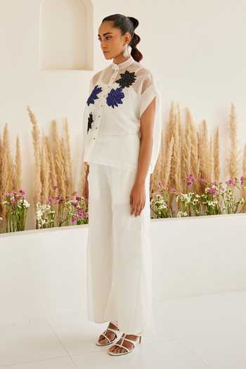 Buy_Twenty Nine_White Organza Embroidery Mandarin Collar Bloom Applique Shirt _Online_at_Aza_Fashions