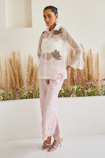 Twenty Nine_White Organza Embroidery Collared Flowery Applique Shirt _Online_at_Aza_Fashions