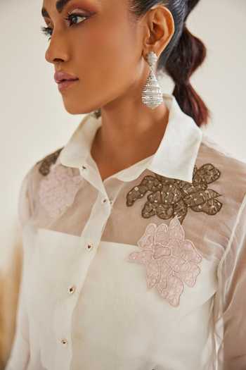 Buy_Twenty Nine_White Organza Embroidery Collared Flowery Applique Shirt _Online_at_Aza_Fashions