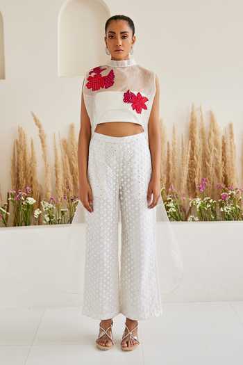 Twenty Nine White Organza Embroidery High Neck Blossom Applique Trail Top Online at Aza Fashions Twenty Nine_White Organza Embroidery High Neck Blossom Applique Trail Top _Online_at_Aza_Fashions