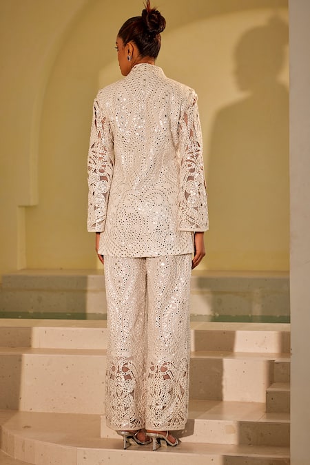 Shop_Twenty Nine_White Georgette Mirrors, Cut Work Mandarin Collar Jaali Jacket _at_Aza_Fashions