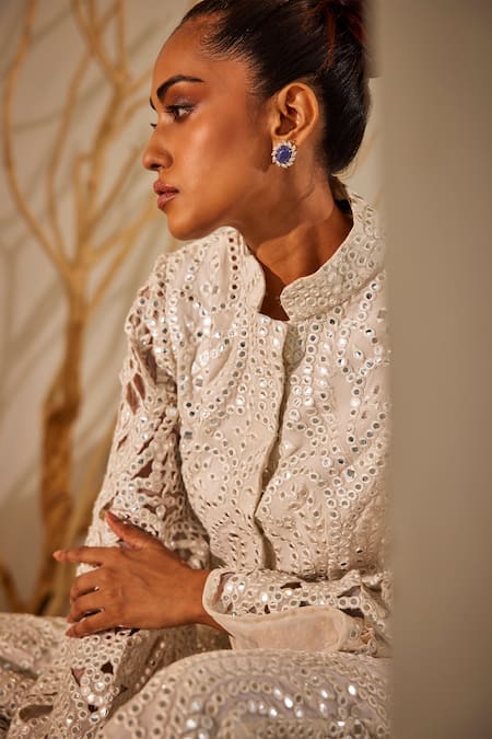 Twenty Nine_White Georgette Mirrors, Cut Work Mandarin Collar Jaali Jacket _Online_at_Aza_Fashions