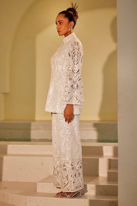 Shop_Twenty Nine_White Georgette Mirrors, Cut Work Mandarin Collar Jaali Jacket _Online_at_Aza_Fashions