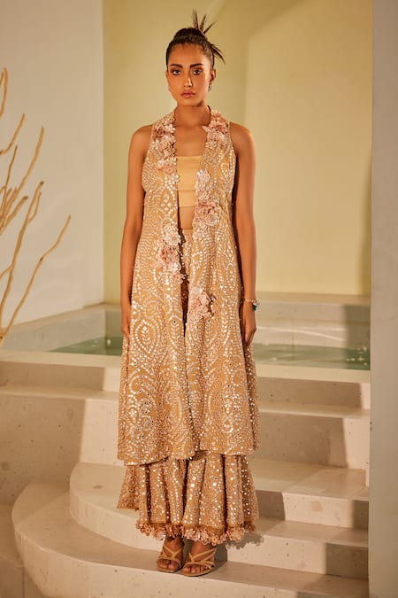 Buy Twenty Nine Beige Georgette Mirrors, Embroidery Open Neck 3d Embellished Long Jacket Online at Aza Fashions Buy_Twenty Nine_Beige Georgette Mirrors, Embroidery Open Neck 3d Embellished Long Jacket _Online_at_Aza_Fashions