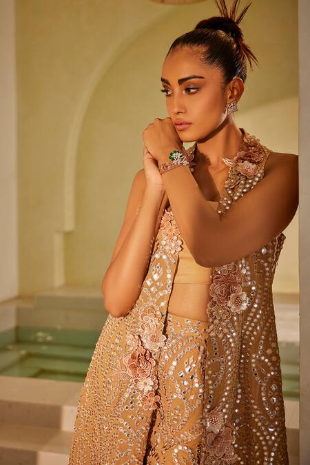 Twenty Nine Beige Georgette Mirrors, Embroidery Open Neck 3d Embellished Long Jacket at Aza Fashions Twenty Nine_Beige Georgette Mirrors, Embroidery Open Neck 3d Embellished Long Jacket _at_Aza_Fashions