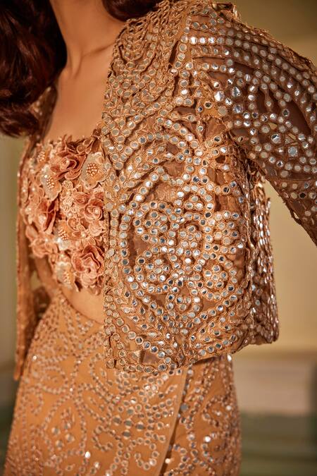 Buy_Twenty Nine_Beige Georgette Mirrors Open Neck Jaali Work Crop Jacket _Online_at_Aza_Fashions
