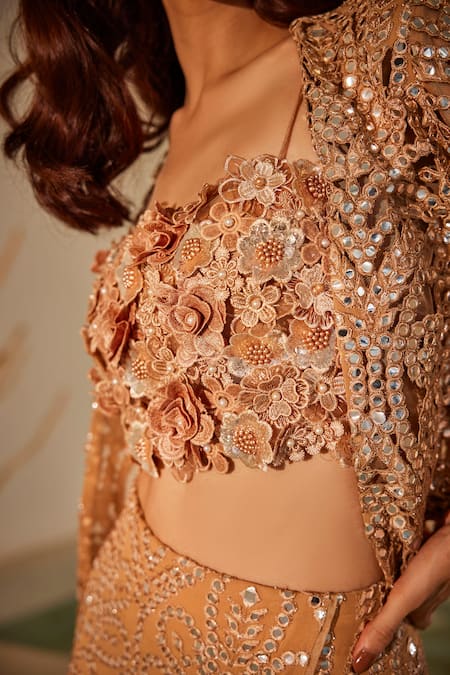 Shop_Twenty Nine_Beige Georgette Mirrors Open Neck Jaali Work Crop Jacket _Online_at_Aza_Fashions