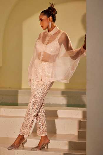 Twenty Nine_Peach Organza Collared Solid Shirt _Online_at_Aza_Fashions