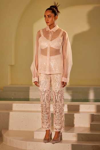 Buy_Twenty Nine_Peach Organza Collared Solid Shirt _Online_at_Aza_Fashions