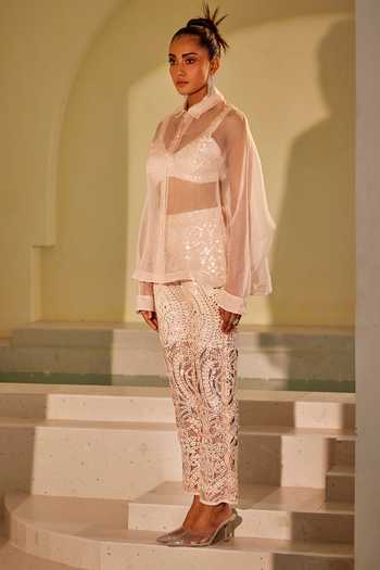 Shop_Twenty Nine_Peach Organza Collared Solid Shirt _Online_at_Aza_Fashions