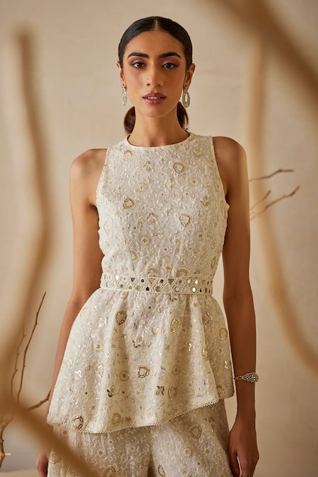 Buy_Twenty Nine_White Georgette Embroidery, Sequins Floral Chikankari Sharara Pant _Online_at_Aza_Fashions