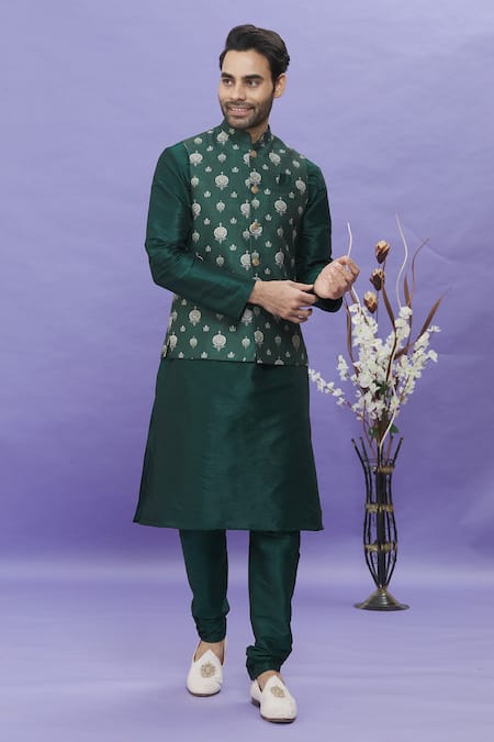 Arihant Rai Sinha_Green Silk Embroidery Floral Printed Bundi _Online_at_Aza_Fashions
