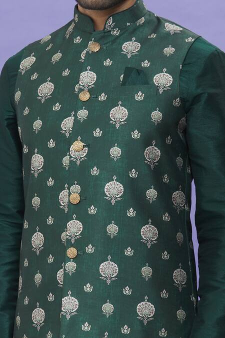 Buy_Arihant Rai Sinha_Green Silk Embroidery Floral Printed Bundi _Online_at_Aza_Fashions