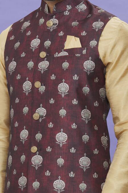 Buy_Arihant Rai Sinha_Wine Silk Embroidery Floral Print Bundi _Online_at_Aza_Fashions