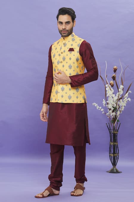 Arihant Rai Sinha_Yellow Silk Embroidery Floral Printed Art Banarasi Bundi _Online_at_Aza_Fashions