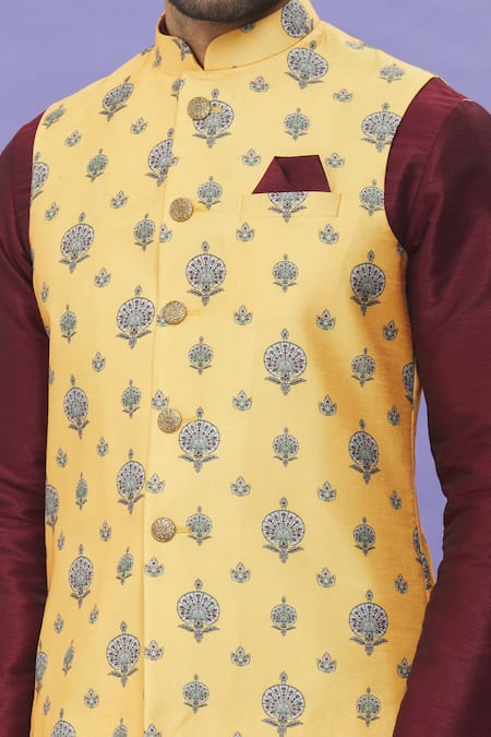 Buy_Arihant Rai Sinha_Yellow Silk Embroidery Floral Printed Art Banarasi Bundi _Online_at_Aza_Fashions