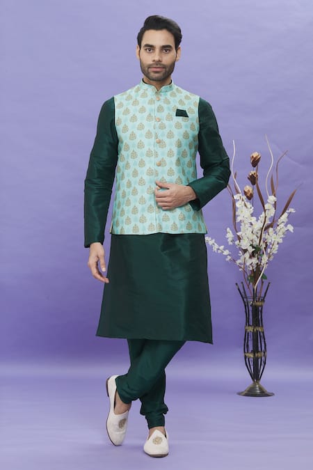 Arihant Rai Sinha Green Silk, Brocade Embroidery Floral Printed Bundi Online at Aza Fashions Arihant Rai Sinha_Green Silk, Brocade Embroidery Floral Printed Bundi _Online_at_Aza_Fashions