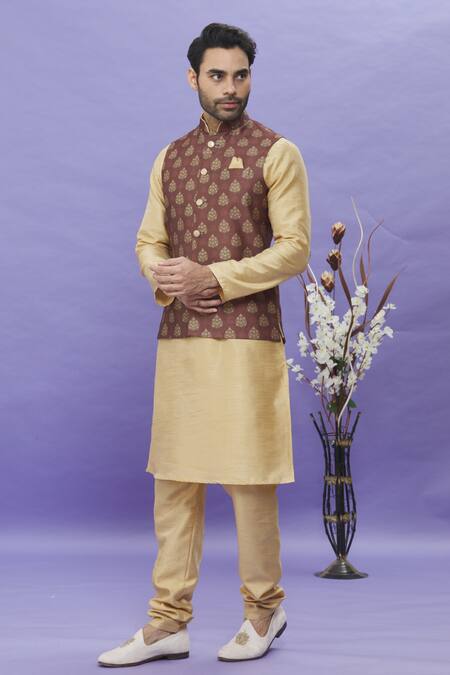 Arihant Rai Sinha Brown Silk Embroidery Floral Printed Bundi Online at Aza Fashions Arihant Rai Sinha_Brown Silk Embroidery Floral Printed Bundi _Online_at_Aza_Fashions