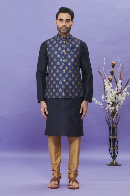 Arihant Rai Sinha_Blue Silk Embroidery Floral Printed Bundi_Online_at_Aza_Fashions