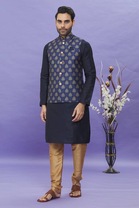 Buy_Arihant Rai Sinha_Blue Silk Embroidery Floral Printed Bundi_Online_at_Aza_Fashions