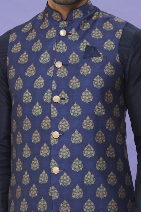 Shop_Arihant Rai Sinha_Blue Silk Embroidery Floral Printed Bundi_Online_at_Aza_Fashions